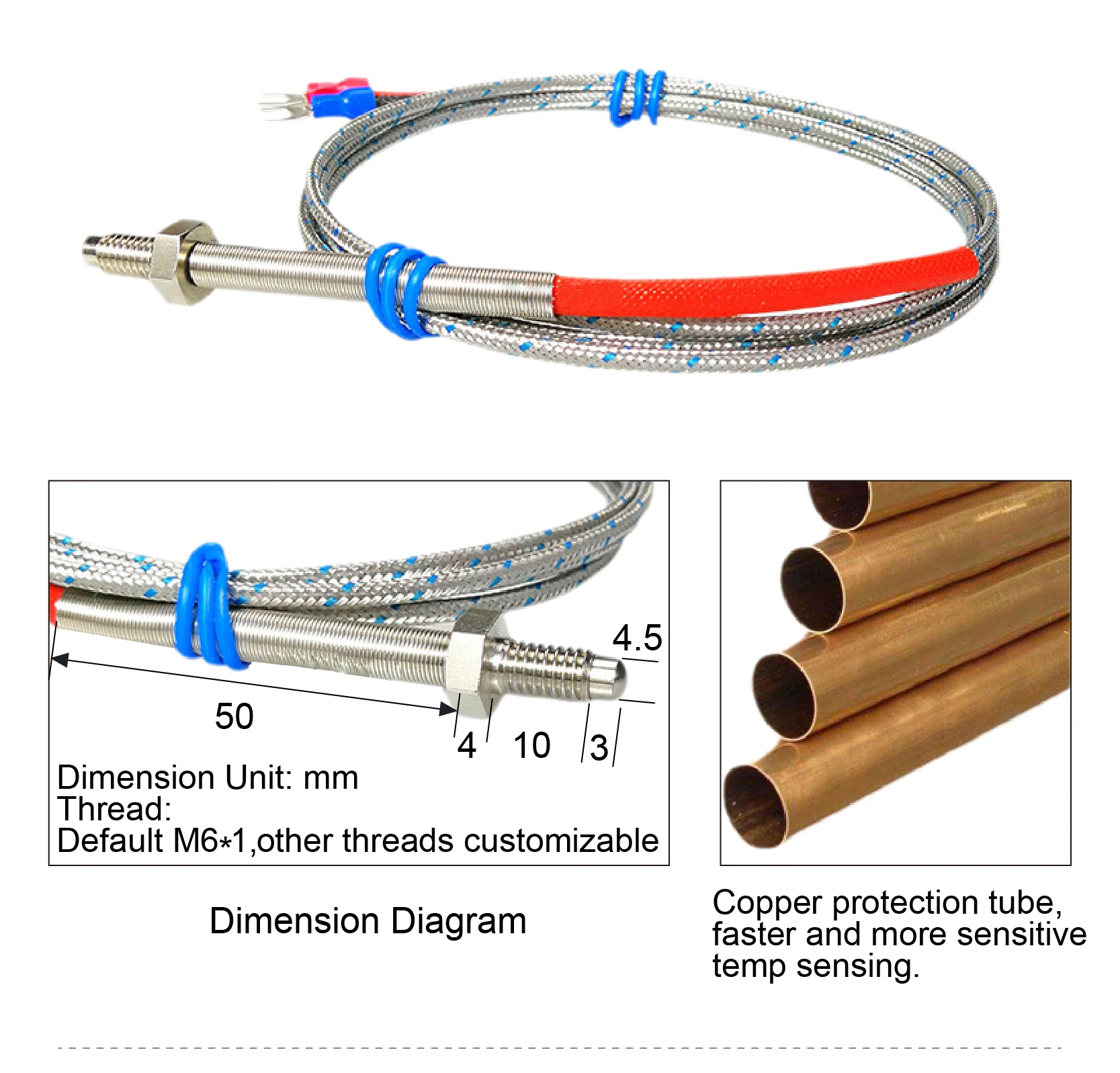 K Type Screw Temperature Probes M6 Thermocouple Sensor with Wire High Temp Stain