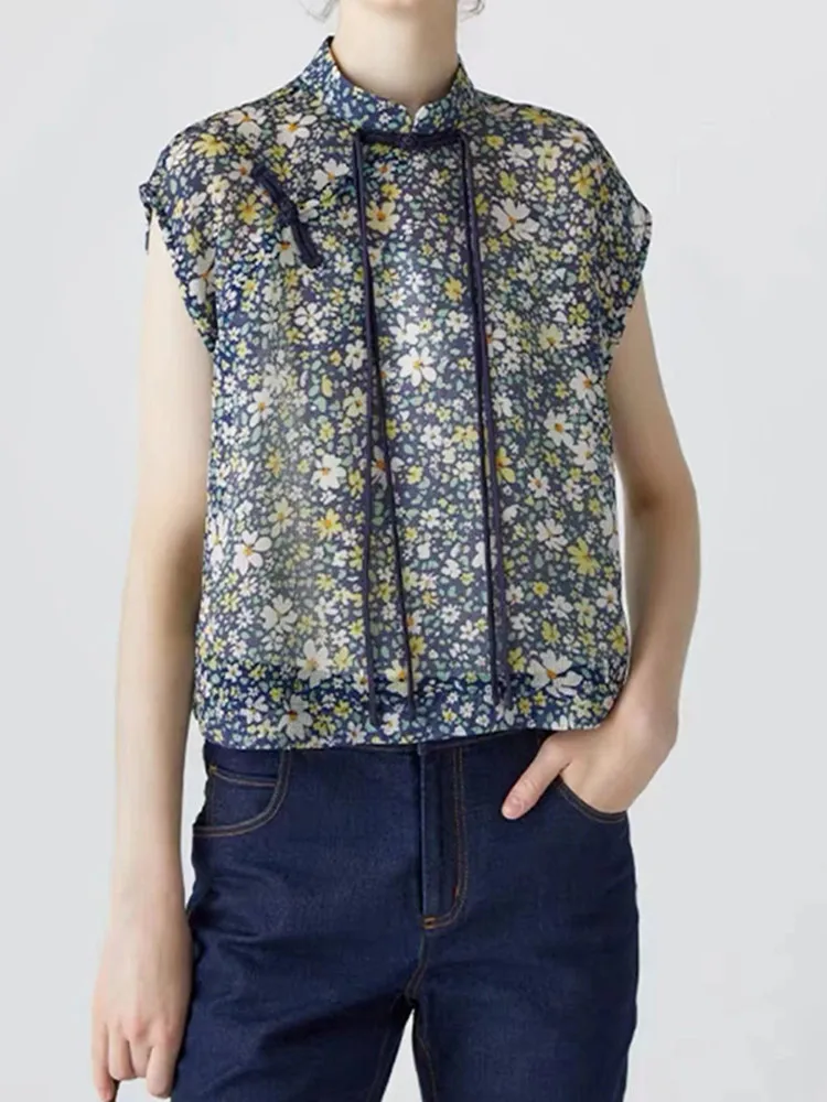 

Floral Print Women Stand Collar Casual Vest Diagonal Placket Button Simple Sleeveless Vintage Tops for Ladies Summer New 2024