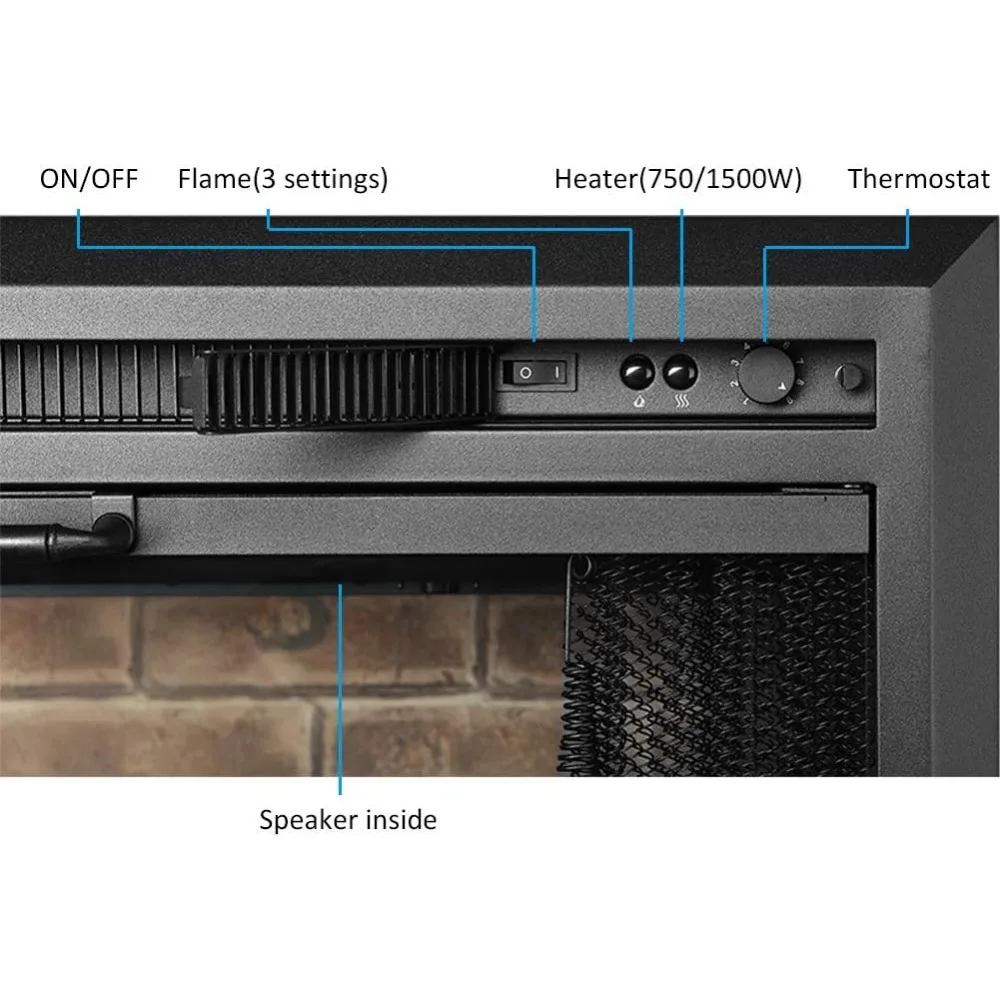 Klaus Electric Fireplace Insert with Fire Crackling Sound, Glass Door and Mesh Screen, 750/1500W, Black, 33 1/16 Inches Wide 5