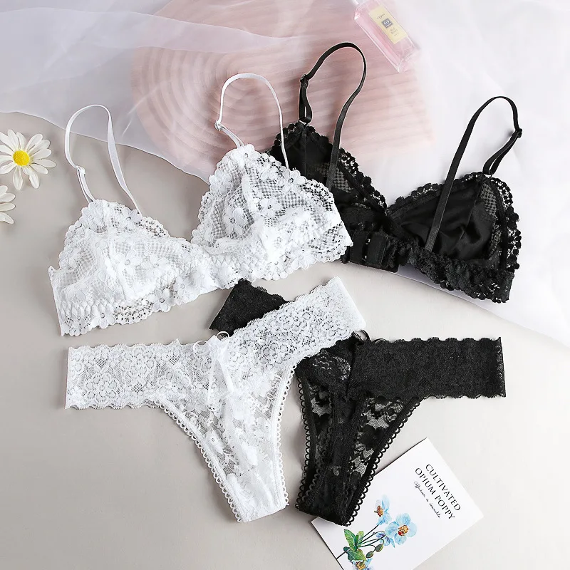 

Women Sexy Lace Hollow Bra Suit Seamless Transparent Wire Free Bras Thin G String Panty Lingerie Set Unlined Bralette Set