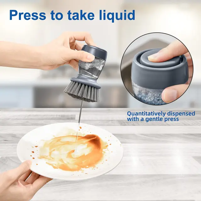 Leeseph Set of 2 Dish Brush with Soap Dispenser, Kitchen Dish Scrubbers Set with Draining Tray for Washing Dishes/Pots 3
