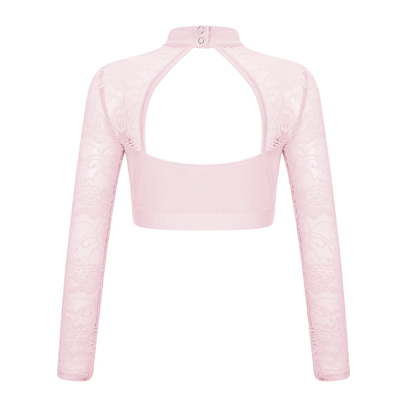 Kids Girls Sheer Floral Lace Gymnastics Dance Crop Top Patchwork Mock Neck Long Sleeve Cutout Back T-Shirt Top Stage Performance