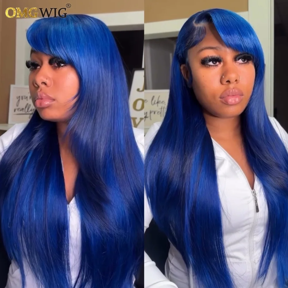 360 Wear & Go Bangs and Layers On Both Sides Human Hair Wig 5x7/4x4 Glueless Straight Wig for Black Women Brazilian Brown Blue