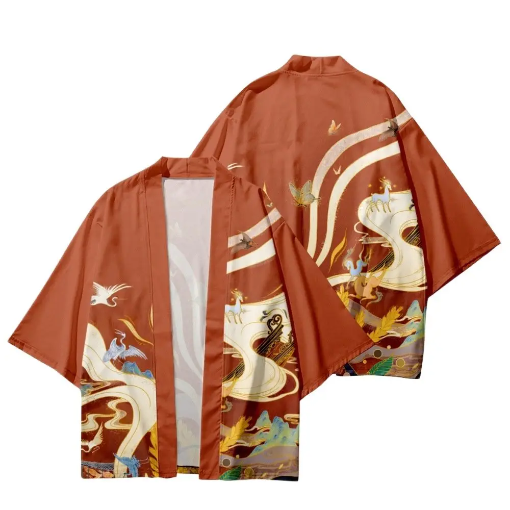 

Fashion Japanese Cardigan Traditional Kimono Men Women Cosplay Haori Beach Yukata Crane Print Streetwear Clothing Jacket