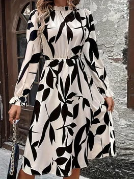 Autumn New Elegant Women Print Dress Casual Fashion Turtlneck Long Sleeve Vacation Long Dresses