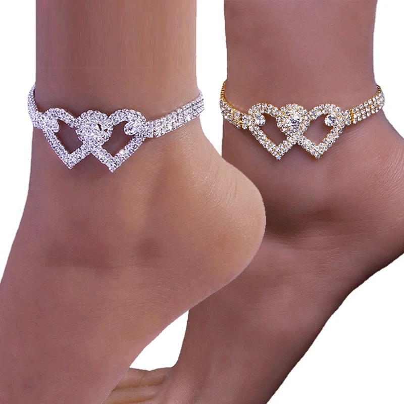 

Fashion Double Heart Anklet Crystal Bracelet for Women Summer Beach Multi Row Rhinestone Anklet Bracelet on Leg