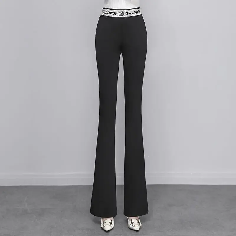 Office Lady Korean Fashion Diamonds Flare Pants Spring Autumn Women Solid Versatile Elastic High Waist Elegant Casual Trousers