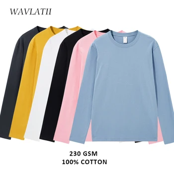 WAVLATII 여성용 코튼 긴팔 티셔츠, 핑크 화이트, 230 GSM 소프트 캐주얼 베이스 티, 용수철 가을, WLT2301, 신제품