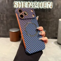 Magsafe Carbon Fiber Frameless Magnetic Slim Color Blocked Phone Case - iPhone 15 Plus (PurpleBlue)
