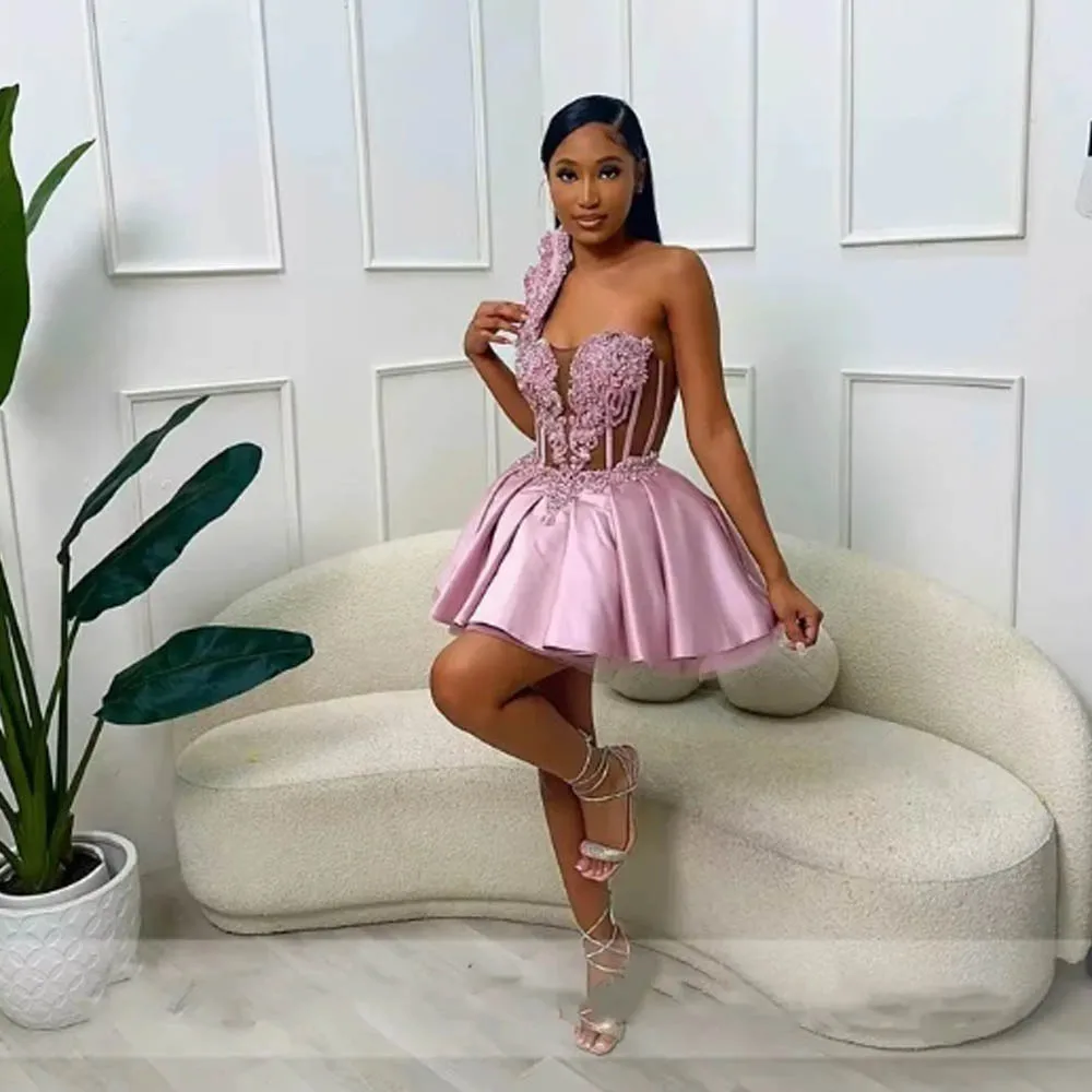 One Shoulder Mini Cocktail Dresses With Beads Appliques Short Prom Dress With Exposed Boning Black Girls Women Birthday Gowns