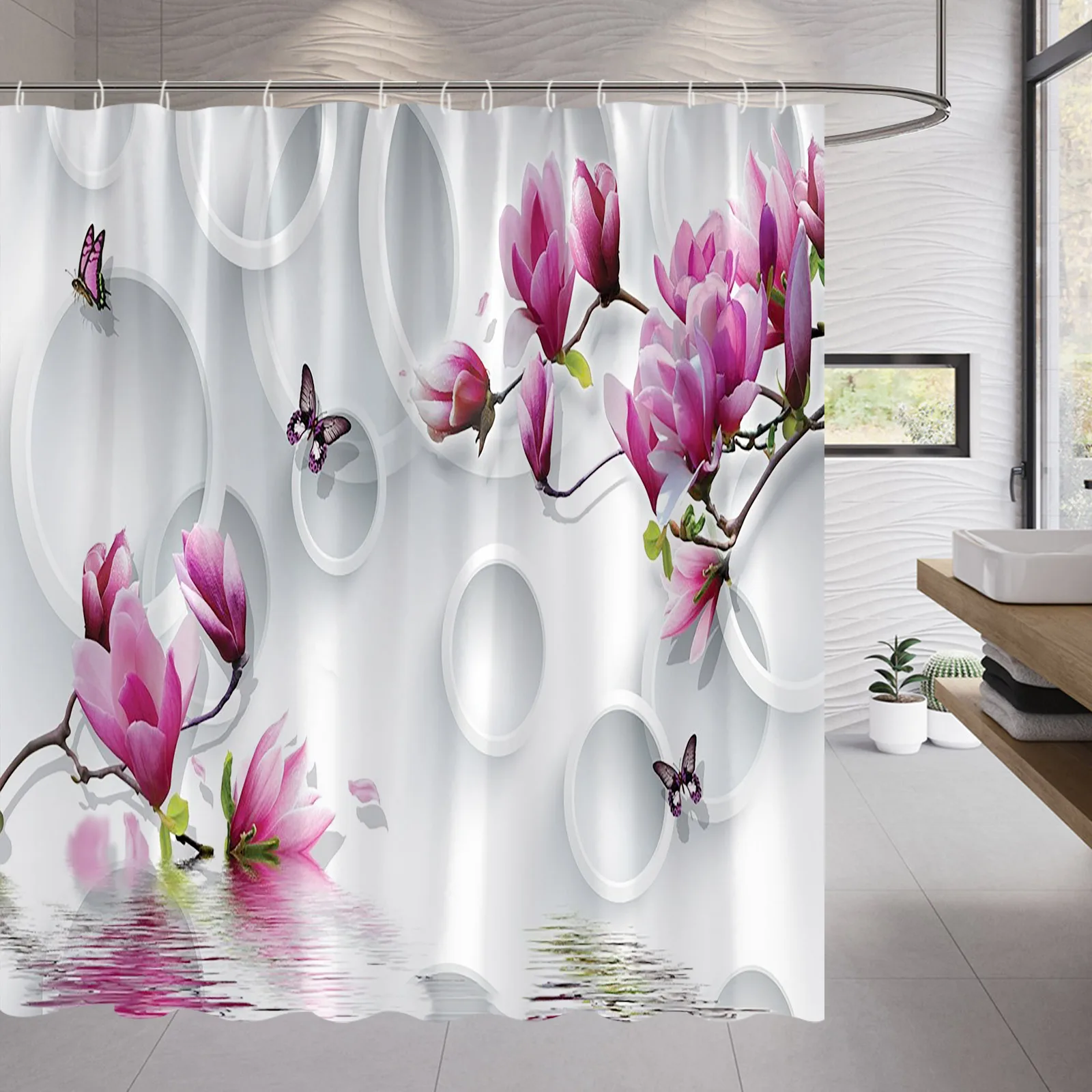 Bath Accessories Set Pink Flowers Shower Curtain Home Bath Decor