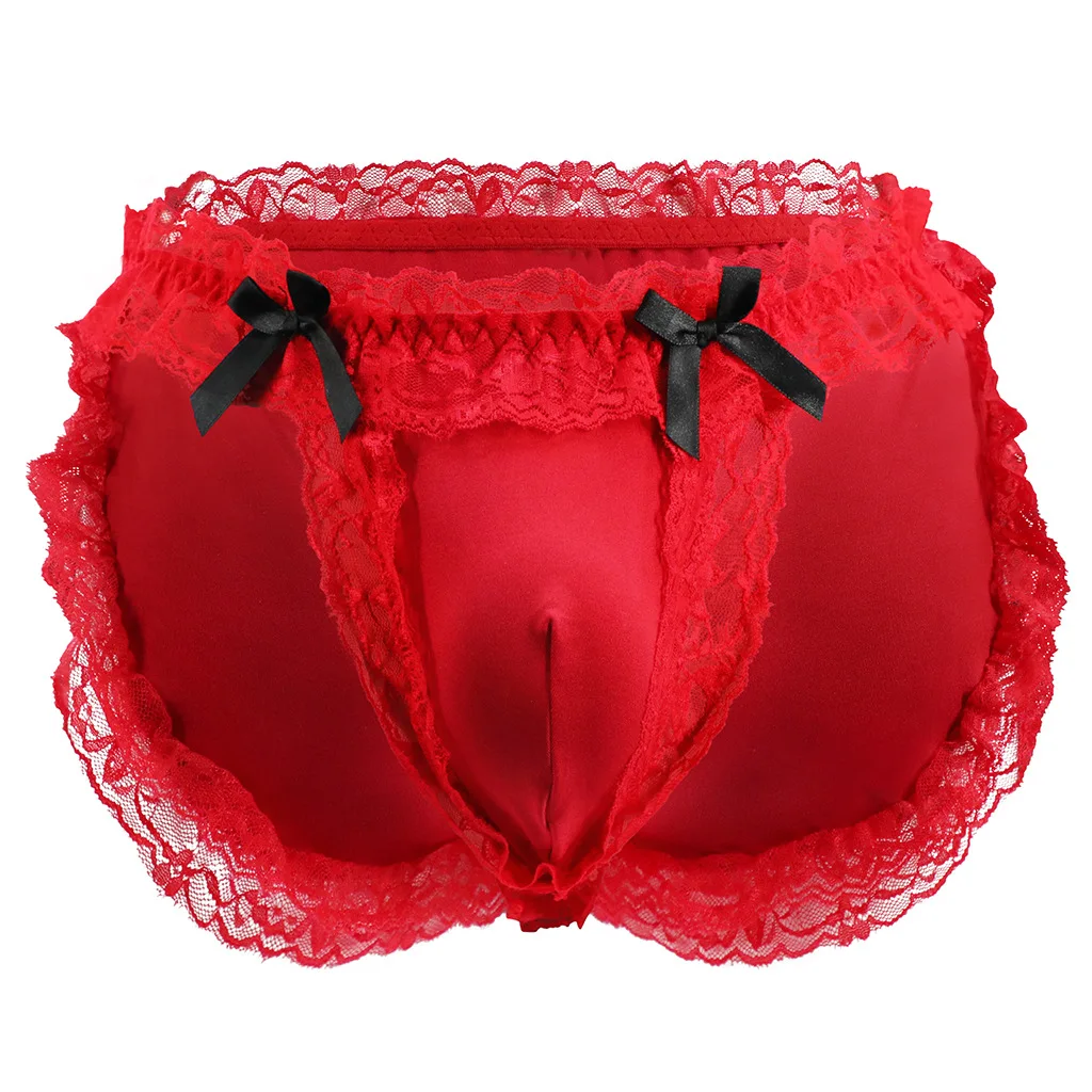 Men's Erotic Briefs Underwear Sissy Crossdressing Panties Bowknot Mesh Lace Ruffled This Elastic Gays U Convex Pouch Underpants