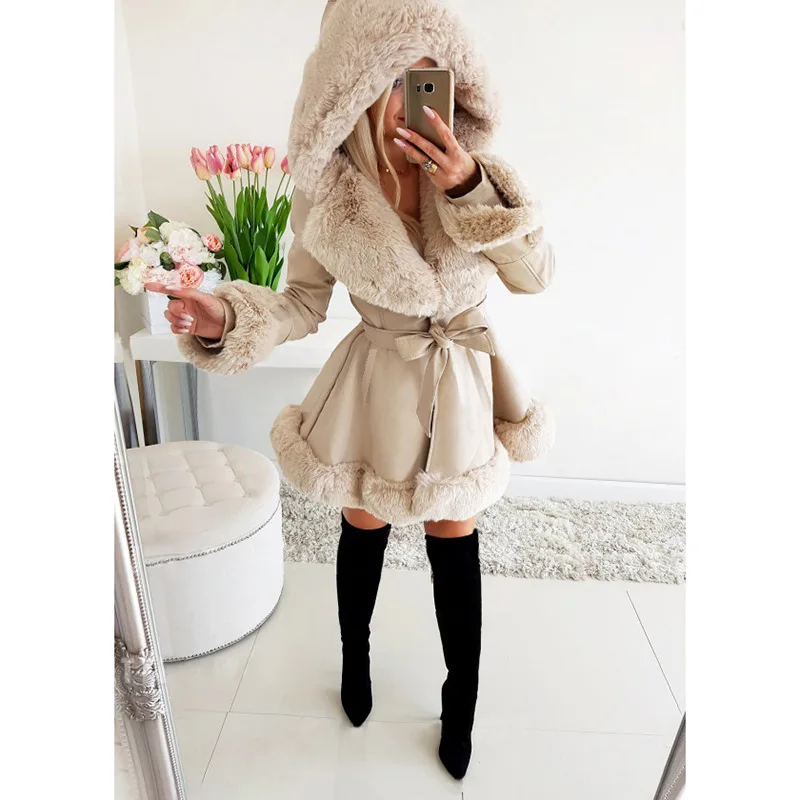 Lapel Fur Patchwork Jacket for Women Winter Warmth Ruffled Edge Hooded Jacket with Waistband Closure