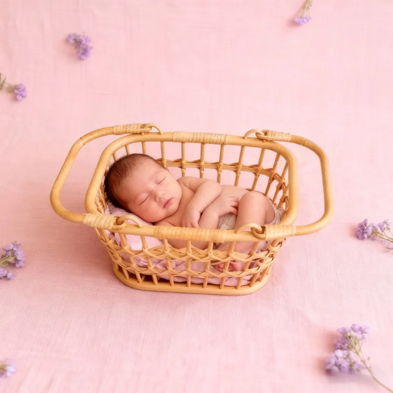 Newborn Studio Shooting Props 1pc Handmade Rattan Retro Photography Basket Practical Furniture Baby Photo Growth Souvenir Gift
