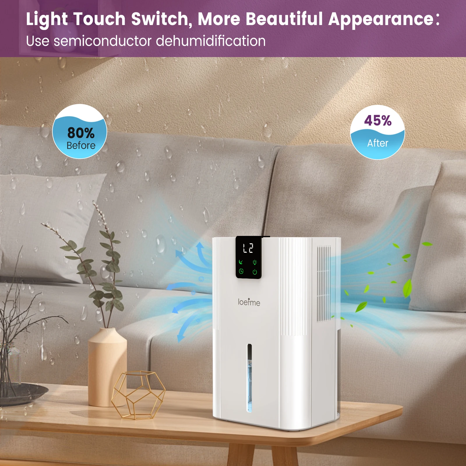 LOEFME 750ML/24H déshumidificateur d'air Portable 2800ML déshumidificateur économie d'énergie maison avec 7 lumière tactile affichage fonction de dégivrage 4
