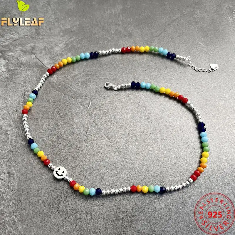 925 Sterling Silver Jewelry Rainbow Smiley Bead Chokers Necklaces Women Original Design Luxury Femme Popular Accessories 2022