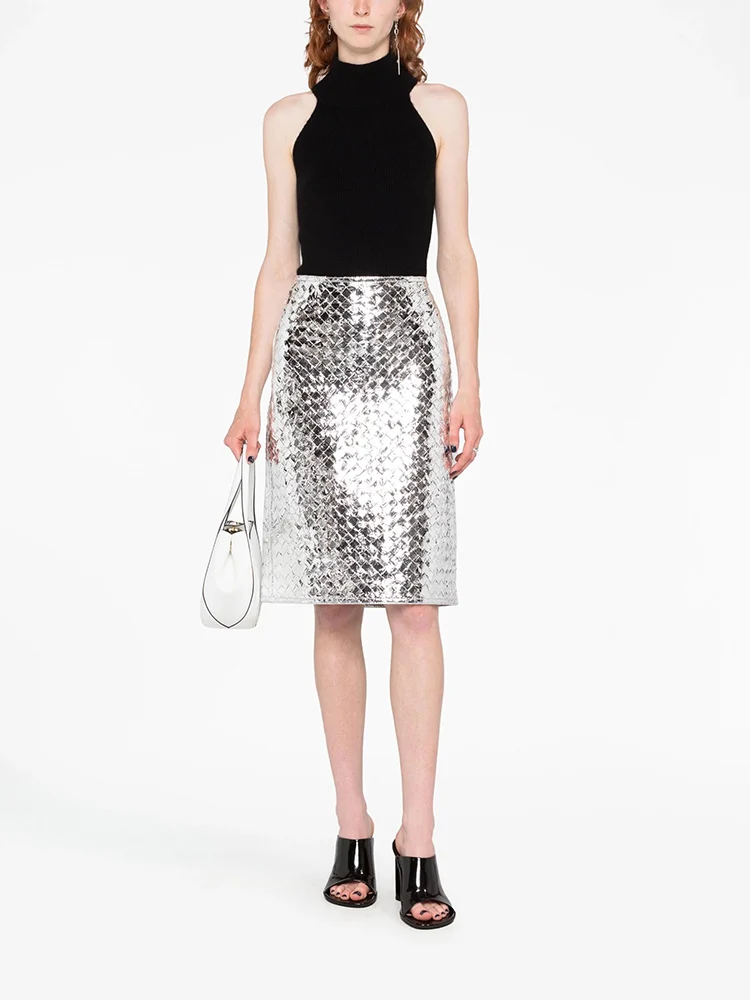 

y2k spring and summer worker weaving silver high waist midi dresses2023 fashion versatile Slim thin package hip skirts for women