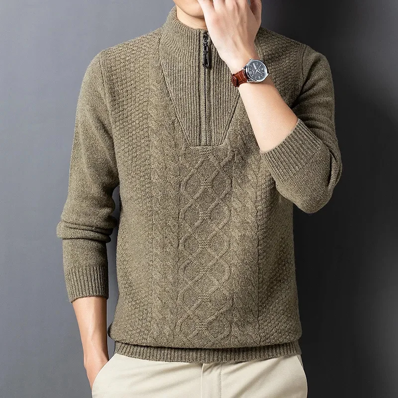 

Men's Sweater Winter Thick Needle Twist Line Jacquard Half Turtleneck Zipper Fashion Elegant Knitted Top