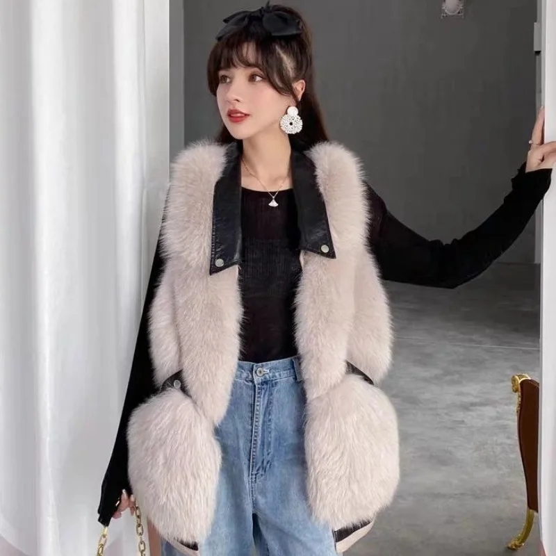 Autumn Winter New Women Faux Fox Fur Coat Mid-Length Waistcoat Fashion Vest Casual Keep Warm Temperament Waistcoat 2023