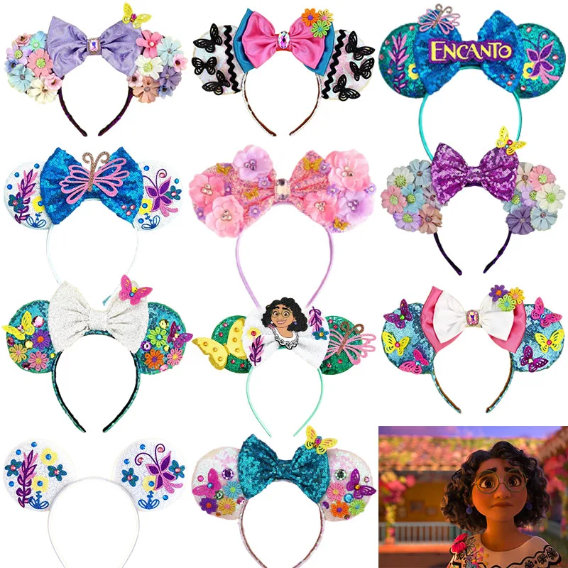 Disney Encanto Headbands Girls Sequin Bow Mirabel Hair Bands Women Yellow Butterfly Hair Accessories Kid Adult Carnival Hairband disney world minnie ear headband for child earswomen disneyland mickey adult women disneyland leather plush sequin cosplay girls