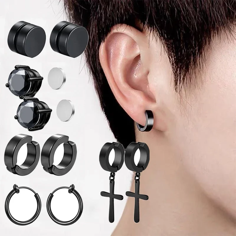 Ear Clip Earrings 10 Pair Magnetic Stainless Steel Fake Ear Hoops For Men and Women