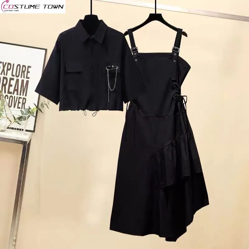 

Fashion Women's Set 2023 New Korean Spring/Summer Age Reducing Casual Top Irregular Strap Dress Two Piece Set