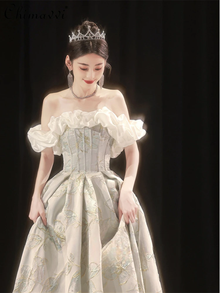 

French Sweet Cute Ladies Off-Shoulder Backless Long Dress Spring Fashion Elegant Retro High Waist Slim Pleated A-Line Dress