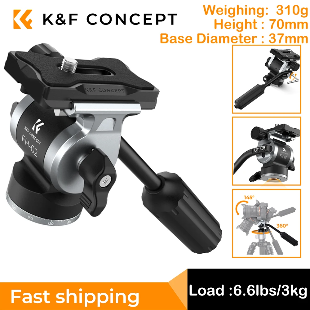 K & F 컨셉 전문 삼각대 헤드 유압 헤드, DSLR 카메라 미러리스 카메라용 퀵릴리즈 플레이트 포함, 6.6lbs/3kg 하중