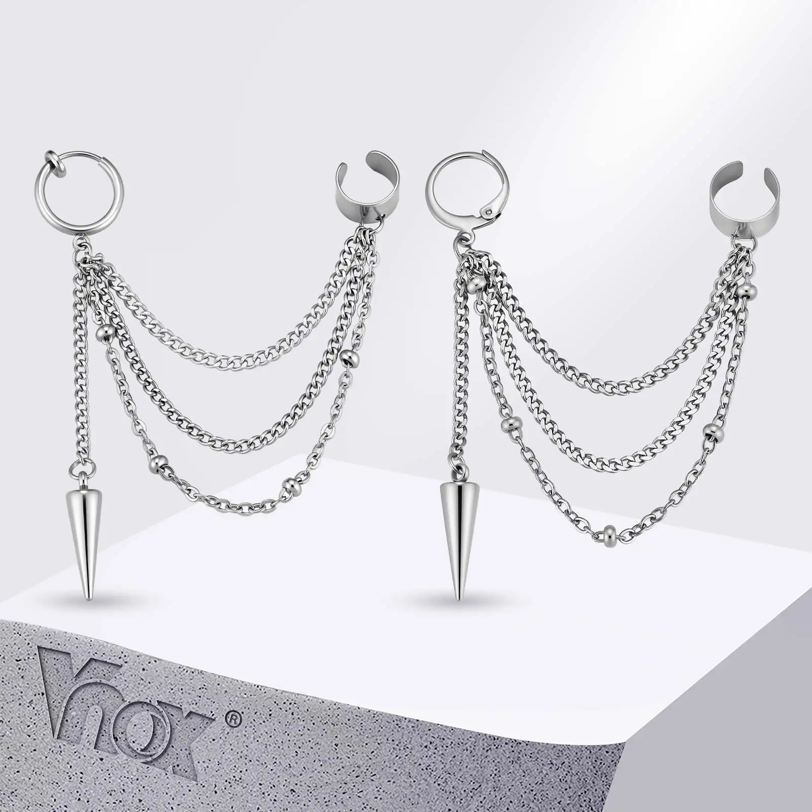 Vnox 스테인리스 스틸 멀티 레이어 체인 이어커프 후프 귀걸이 (남성용) 펑크 콘 스파이크 댕글 연골 클립 쥬얼리 선물