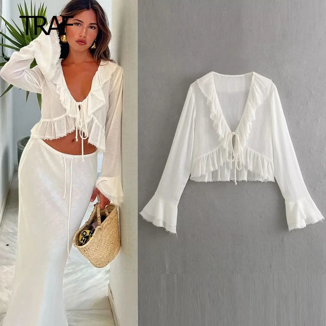 TRAF Summer Top Women 2023 V-Neck Crop Top Long Sleeve White Ruffled Blouse  Chic Tied Belt Fashion Blouse Aesthetic Tops Mark - AliExpress