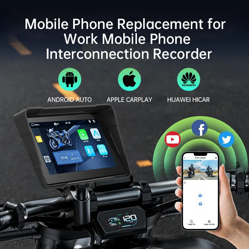 Schermo Display Moto con Carplay, Navigatore Digitale Portatile, Cruscotto Android Auto Impermeabile, Monitor BT per Motocicletta - immagine 2