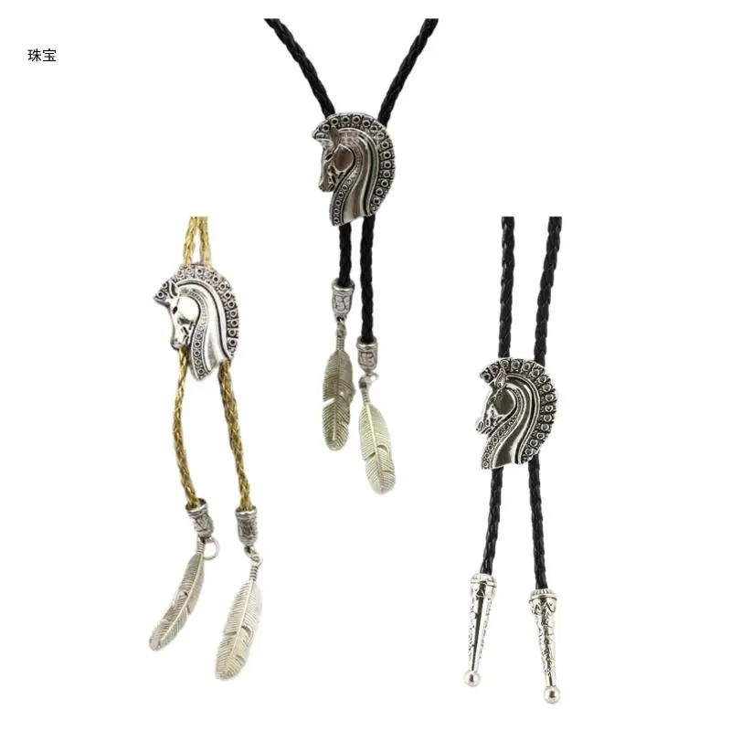 

X5QE Braided Shoestring Horse Head Bolo Tie Charm Cowboy Necktie Necklace