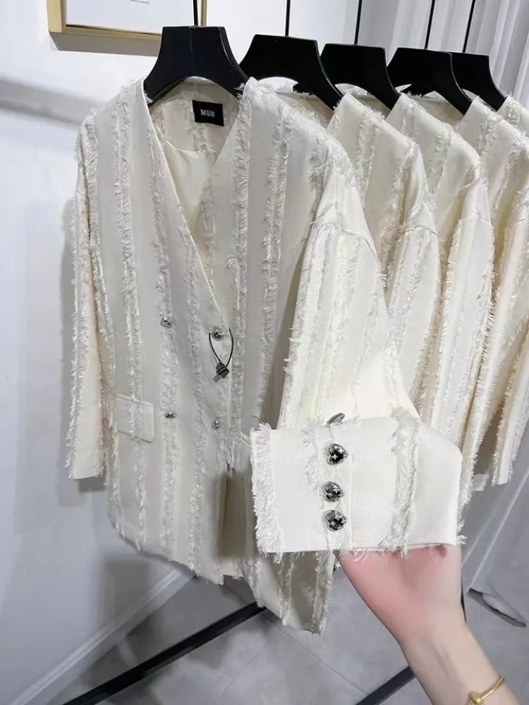 Women Autumn Winter Jacket V-neck Designer Tassel Suit Jacket Baggy Blazer Long Sleeve Oversized Double-breasted Coat New