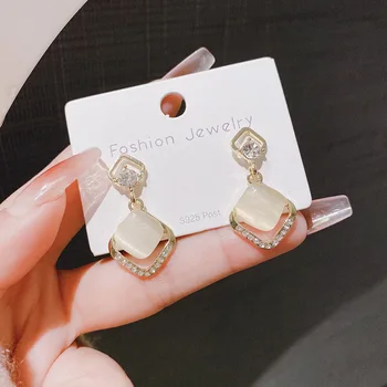 925 Silver Needle Korean Fashion Square Opal Drop Earrings For Women Jewelry 2025 Trending New Luxury Women's Crystal Earrings