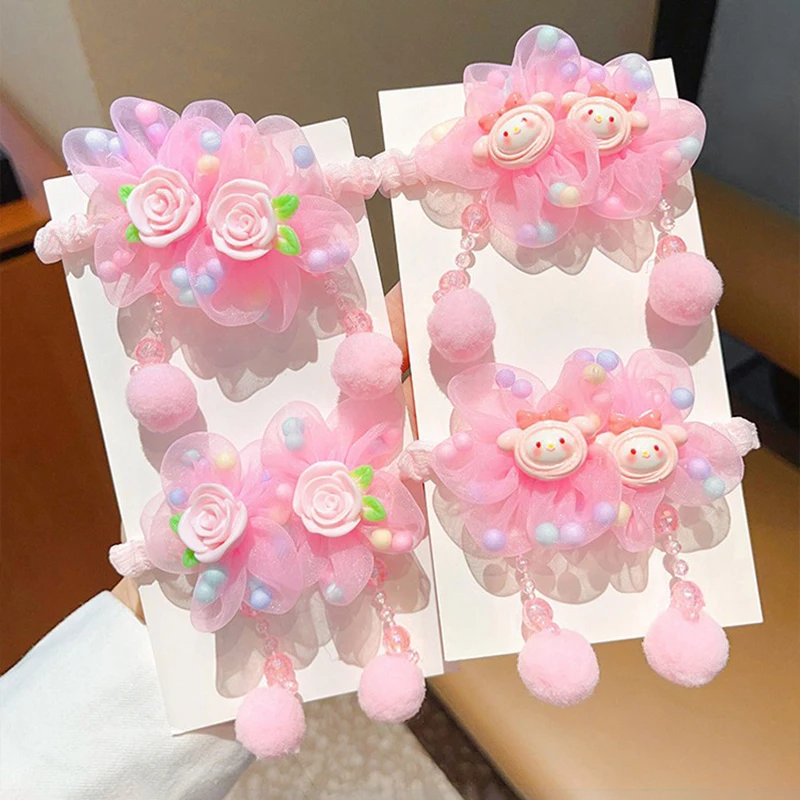 Charming Pink Flower Hair Ropes - Sweet Elastic Bands