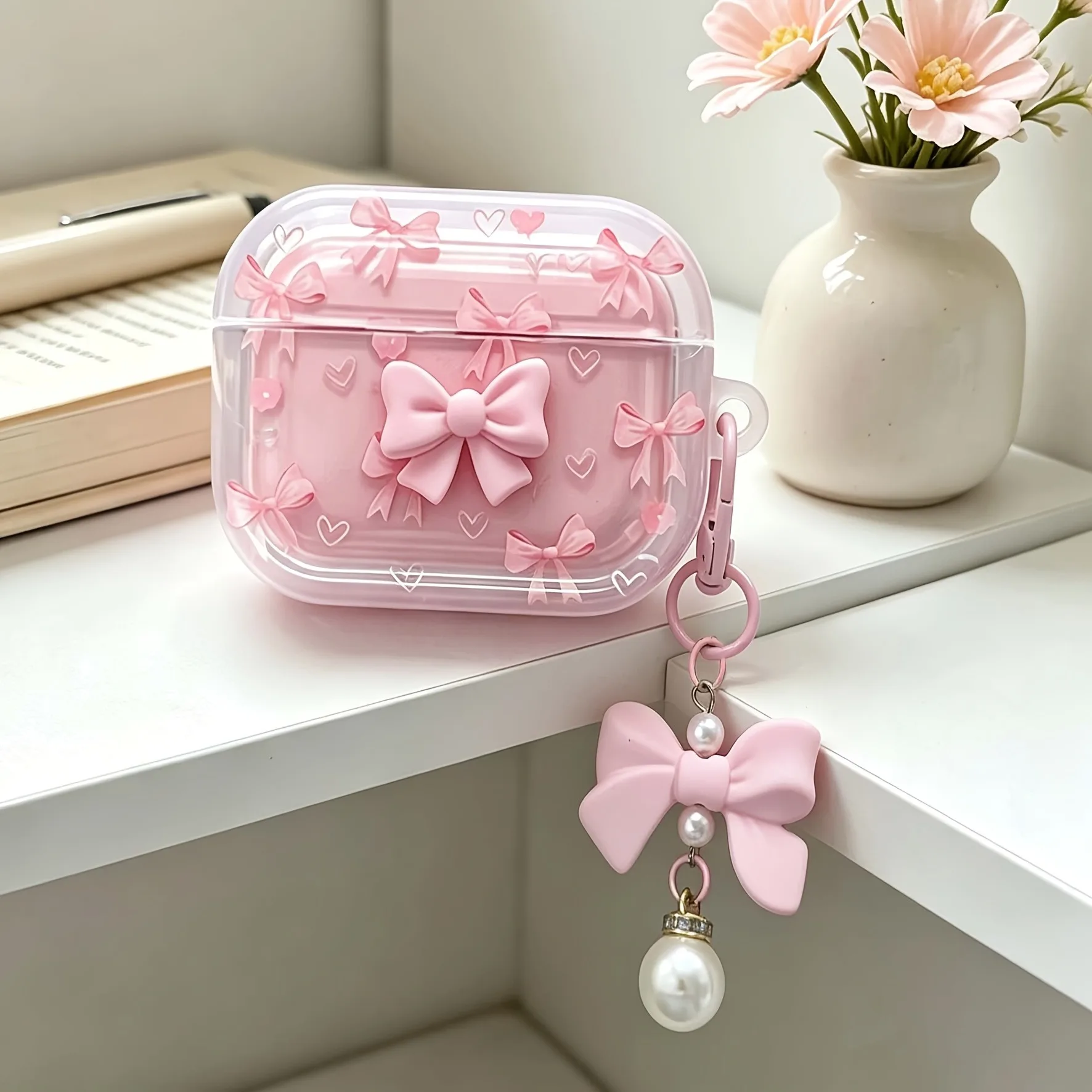 Cute Pink 3D Bow AirPods Case with Pearl Pendant Keychain - Image 3