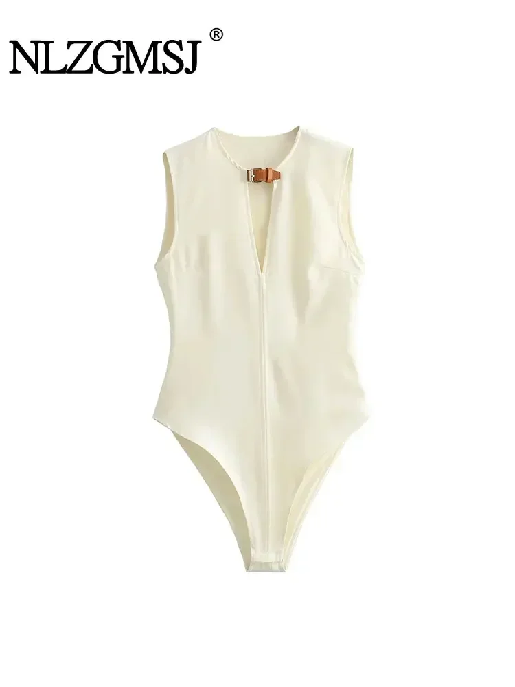 Nlzgmsj TRAF Summer Women Solid V-neck Bodysuit Elegant Sexy Body Slim Sleeveless Bodycon Thin Bodysuit Tops For Women