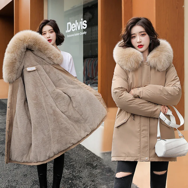 

Parka Long Coat Wool Liner Zip Up Hooded Simple Casual Slim Fur Collar Thick Warm Snow Wear Padded Winter Jackets Women Clothes