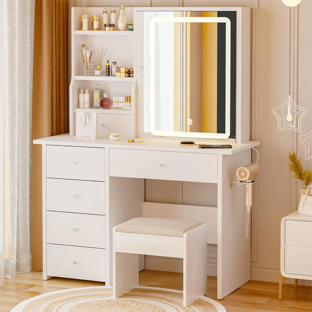 

DYHOME Makeup Vanity Desk with Mirror and Lights & Charging Station, White Vanity Table with 6 Drawers, Jewelry Storage, Make Up