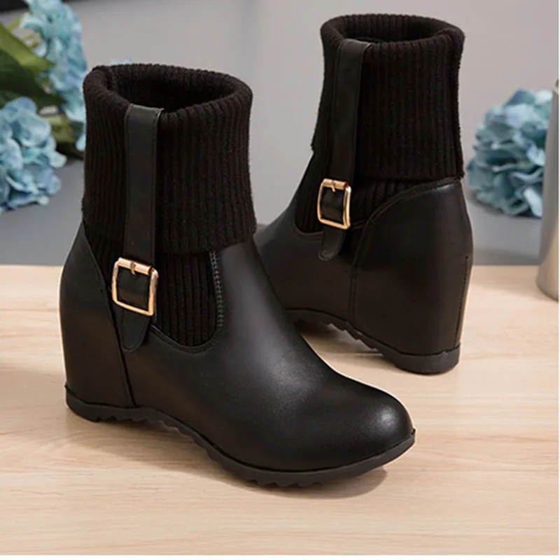 Winter Plush Knitted Stretch Boots Women 2022 Weave Mid-calf Bottines Wedges High Heels Belt Buckle Riding Botas De Mujer 34-43