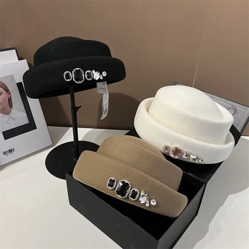 90055-bc206e.jpg High quality rhinestone wool top hat Korean version versatile beret fashion retro style painter's hat church dress bucket hat Mallzona