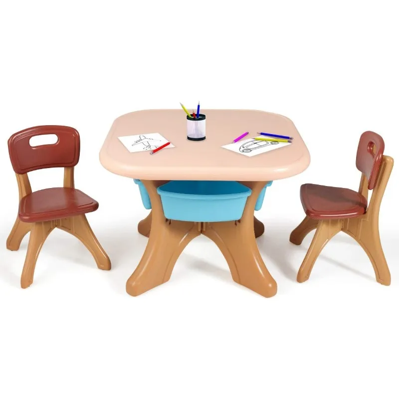 Kids Table and Chair Set, 3 Piece Activity Table w/Detachable Toy Storage Bin & 2 Chairs for Children Reading Art Craft