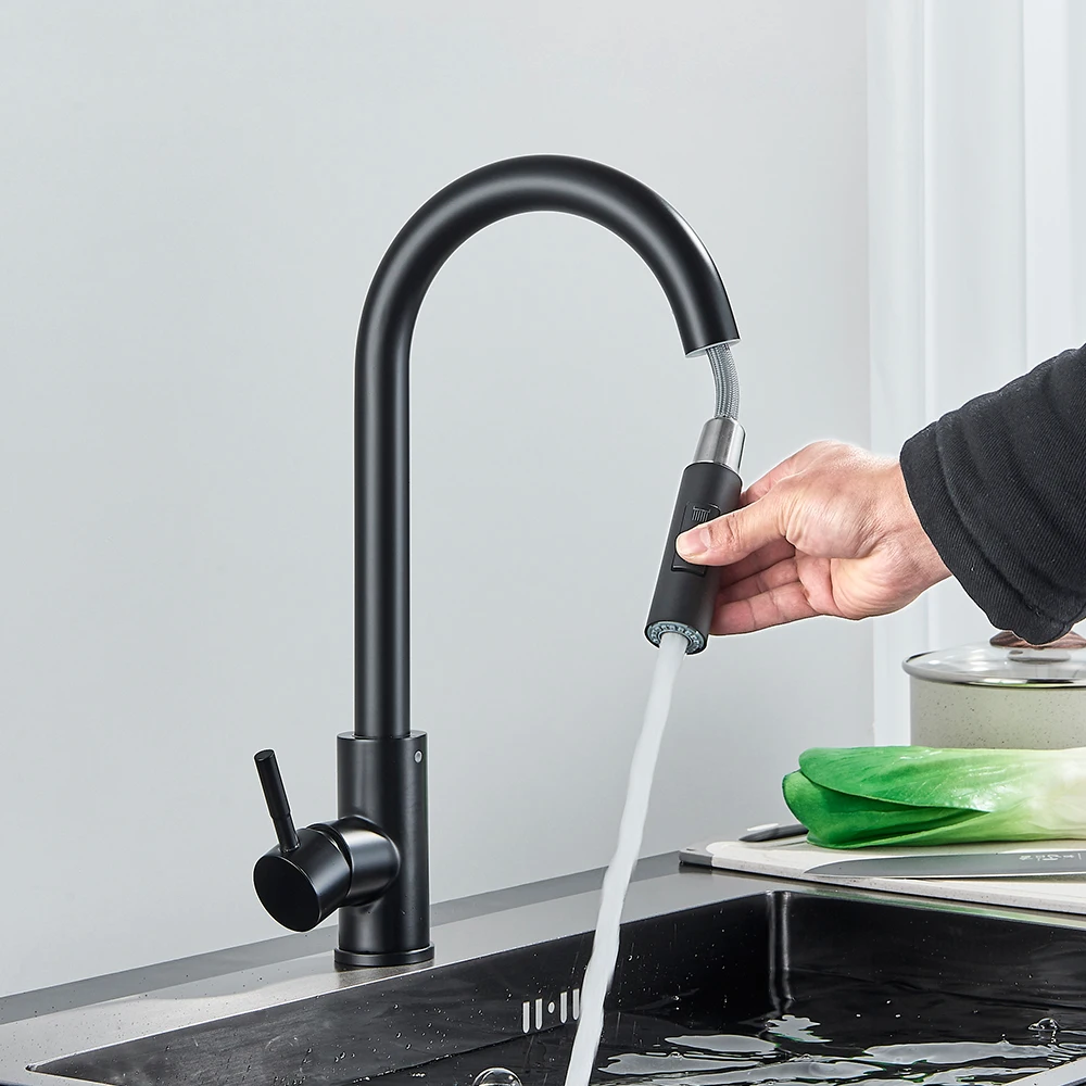 Black Kitchen Faucet Two Model Stream Sprayer Nozzle Single Handle Pull Out Mixer Hot and Cold Water Taps Deck Mounted