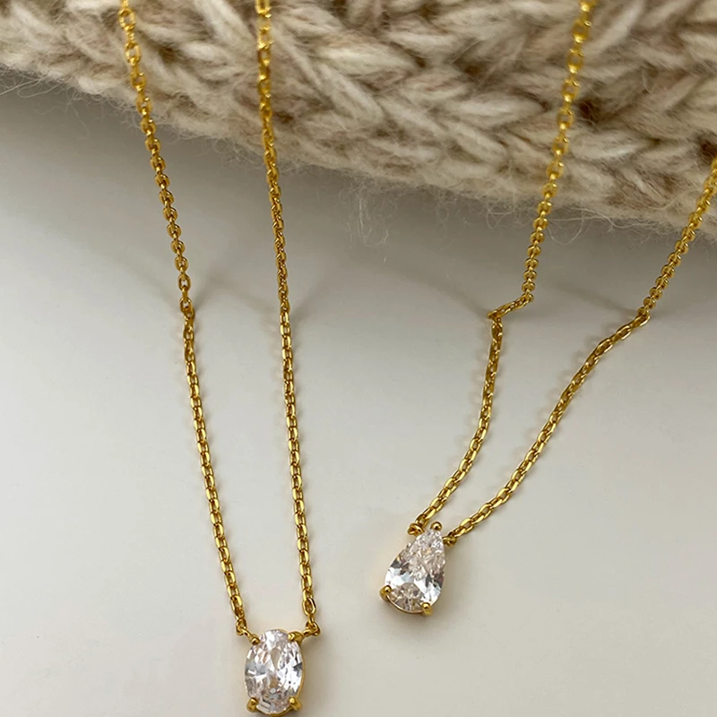 Ins minimalist ische kleine Wasser tropfen ovale Anhänger Halskette Edelstahl 18 Karat Gold Farbe Zirkonia Kragen Halskette Mode Geschenk – Detail 2