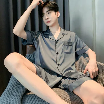 남성용 여름 아이스 실크 짧은 잠옷, 얇은 야간 착용 수트, 남성 새틴 십대 라운지웨어, 빅 사이즈 통기성 잠옷 세트, 소년 잠옷