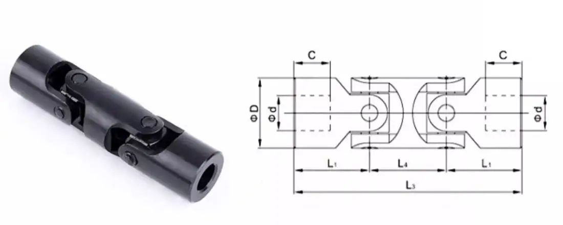 Description Picture 2 of item20mm 22mm ID three sections Cross universal-joint coupling double universal hooks coupling binodal cardan joint