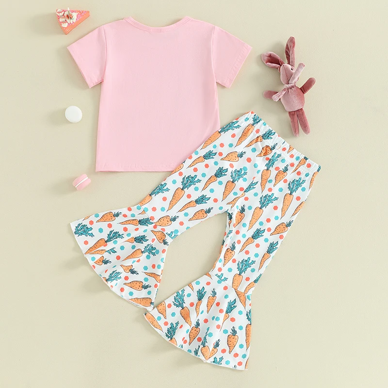 FOCUSNORM Toddler Kids Girls Easter Clothes Sets 0-5Y Letters Rabbit Print Short Sleeve T-shirt with Carrot Flare Pants
