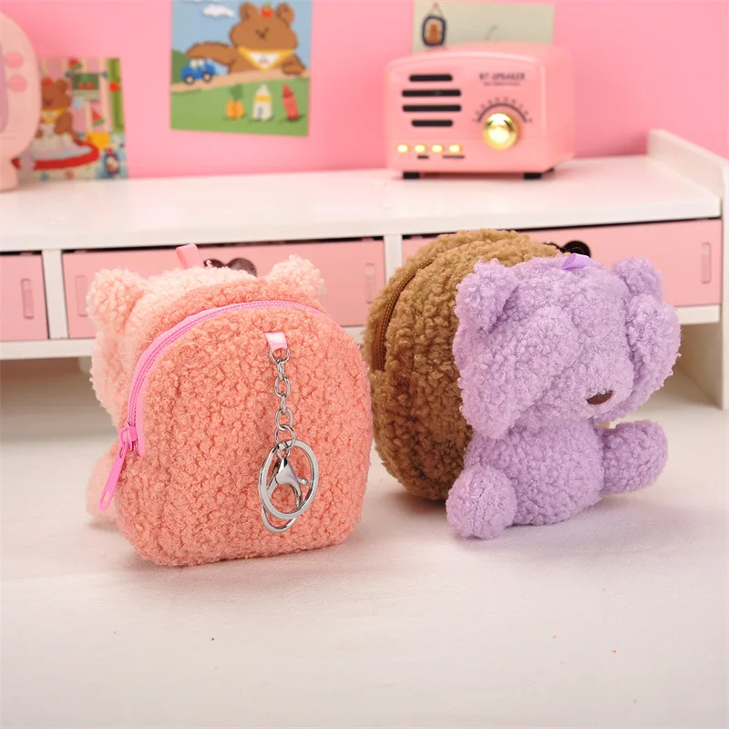 Portable Cartoon Covered with Shy Bear Plush Doll Puppet Keychain Girl Coin Purse Red Envelope Wallet Children's Purse