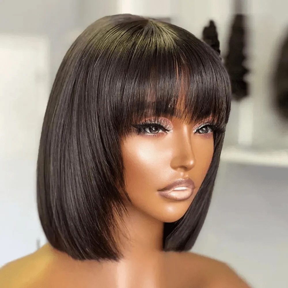 Brazilian Straight Short Bob Wig With Bangs Human Hair Wigs Cheap Fringe Wig Full Machine Made Wig For Women Remy Hair Wig Sale