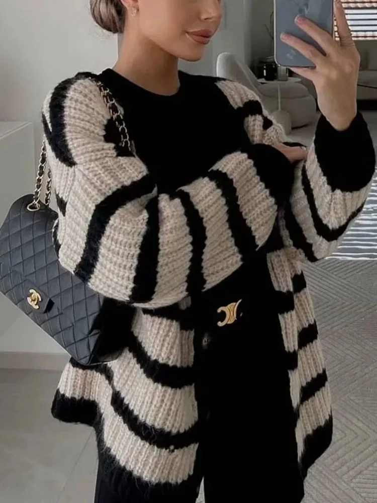

Traf Striped Sweater For Women 2023 Autumn Cardigan Women Sweater Jacket Women's Knitting Coats Vintage Knitted Cardigans Winter